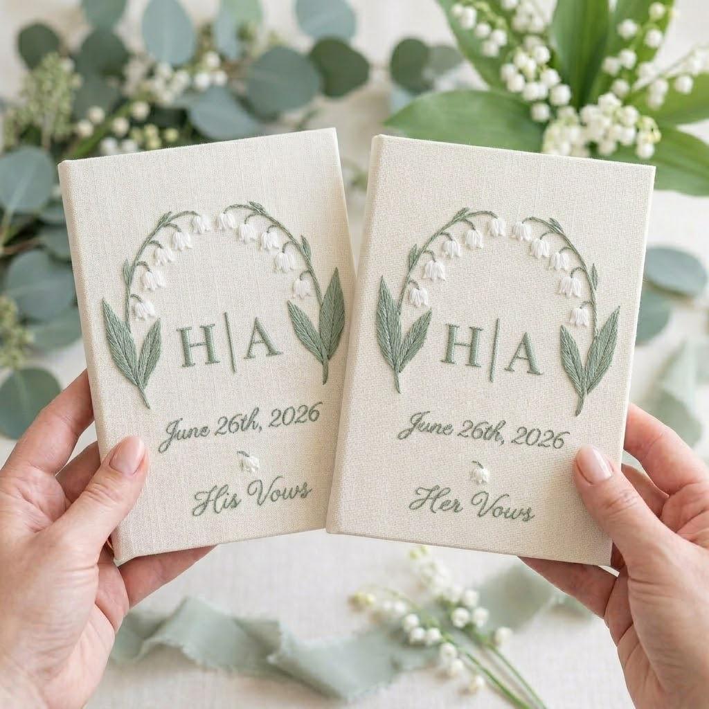 Embroidered Lily of the Valley Wedding Vow Books with Swan Heart Design, Gift for Couples and His and Her Notebooks - photo 3