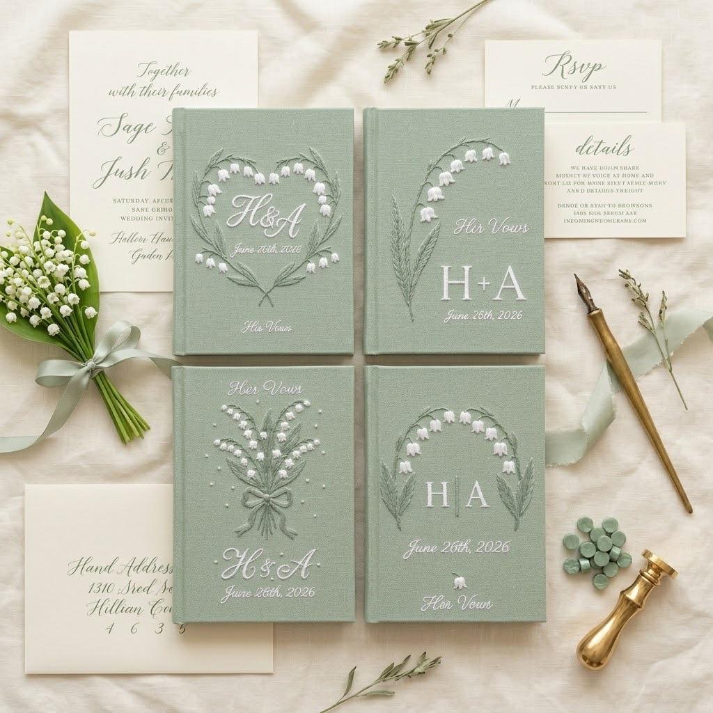 Embroidered Lily of the Valley Wedding Vow Books with Swan Heart Design, Gift for Couples and His and Her Notebooks - photo 4