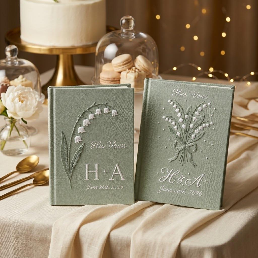 Embroidered Lily of the Valley Wedding Vow Books with Swan Heart Design, Gift for Couples and His and Her Notebooks - photo 12