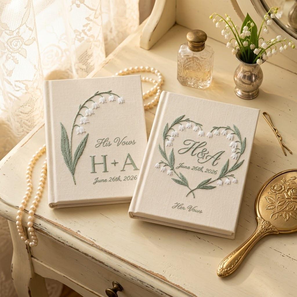 Embroidered Lily of the Valley Wedding Vow Books with Swan Heart Design, Gift for Couples and His and Her Notebooks - photo 13