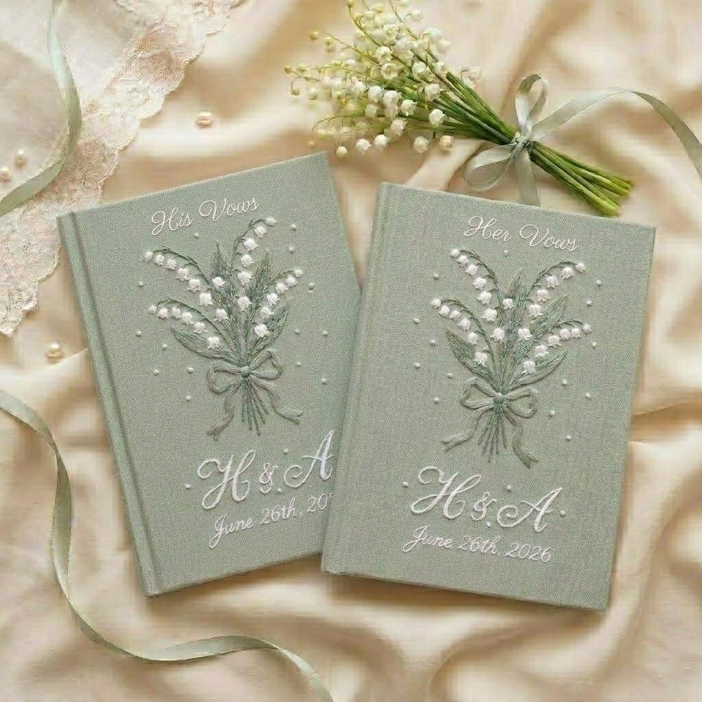 Custom Handmade Embroidered Lily Of The Valley Vow Books With Initial Name – Floral His And Her Journals Wedding Gift For Bride And Groom
