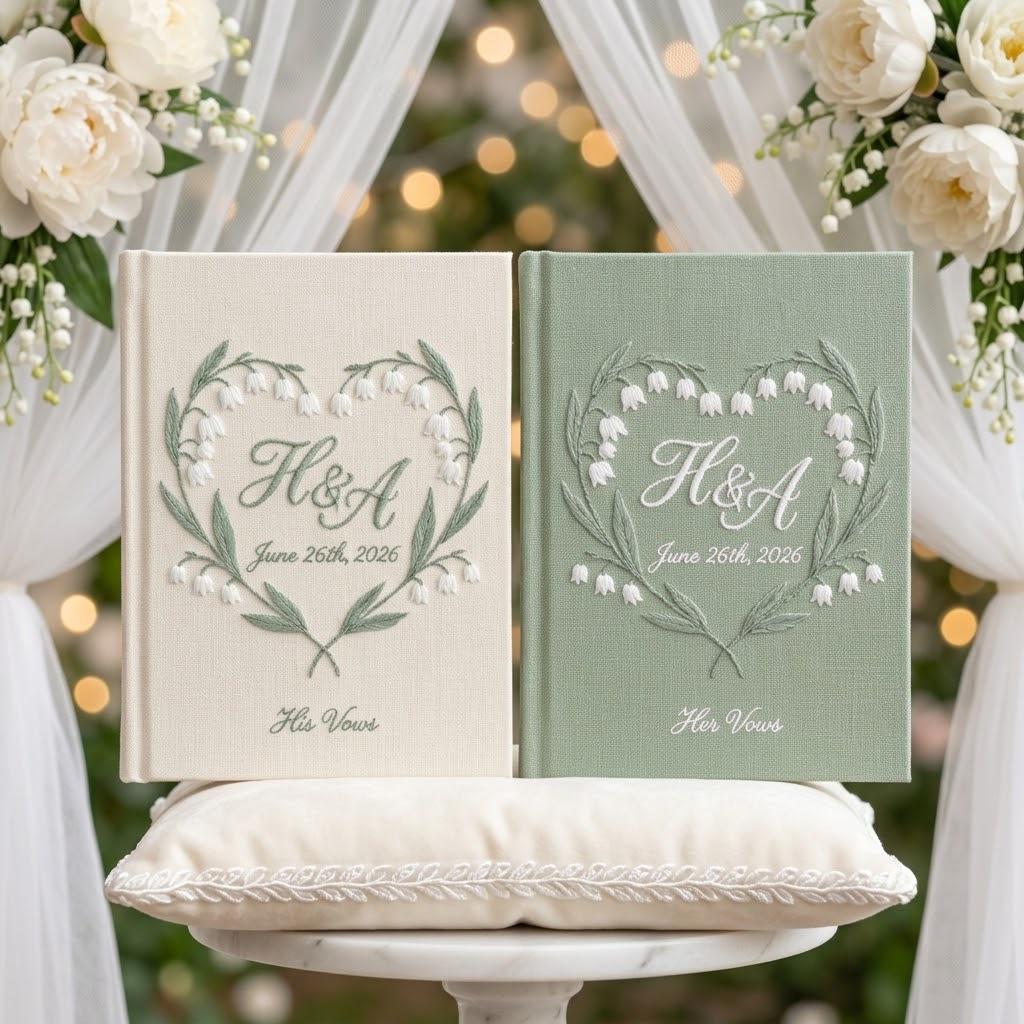 Custom Handmade Embroidered Lily Of The Valley Vow Books With Initial Name – Floral His And Her Journals Wedding Gift For Bride And Groom - photo 2