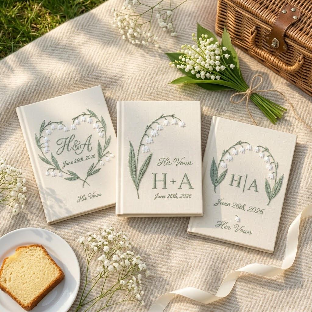 Custom Handmade Embroidered Lily Of The Valley Vow Books With Initial Name – Floral His And Her Journals Wedding Gift For Bride And Groom - photo 11