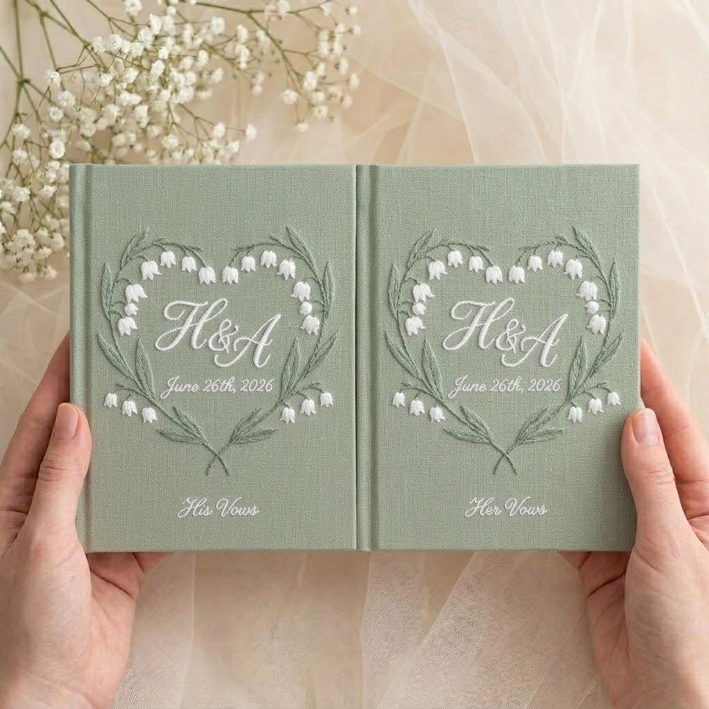 Custom Handmade Embroidered Lily Of The Valley Vow Books With Initial Name – Floral His And Her Journals Wedding Gift For Bride And Groom - photo 12