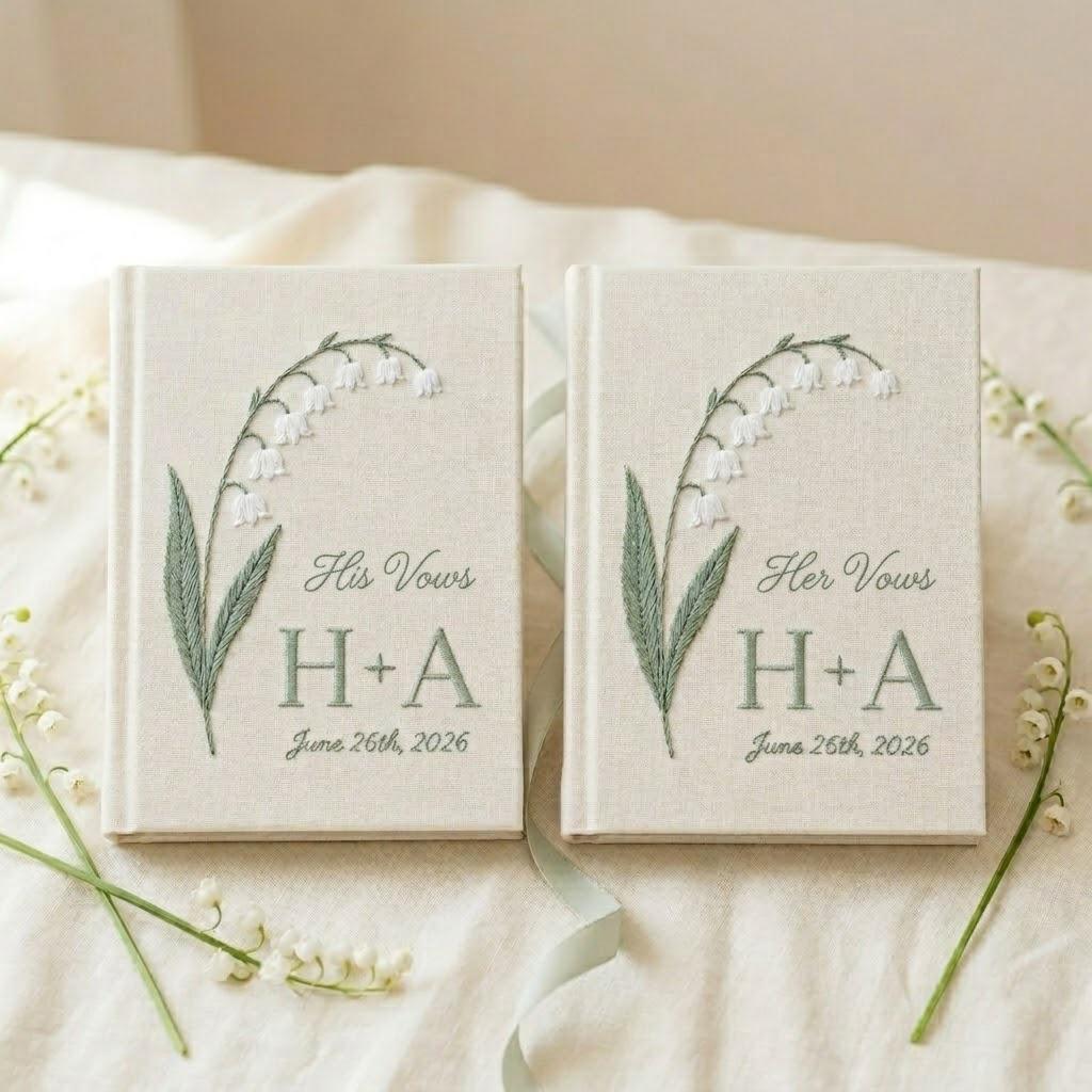Custom Handmade Embroidered Lily Of The Valley Vow Books With Initial Name – Floral His And Her Journals Wedding Gift For Bride And Groom - photo 13
