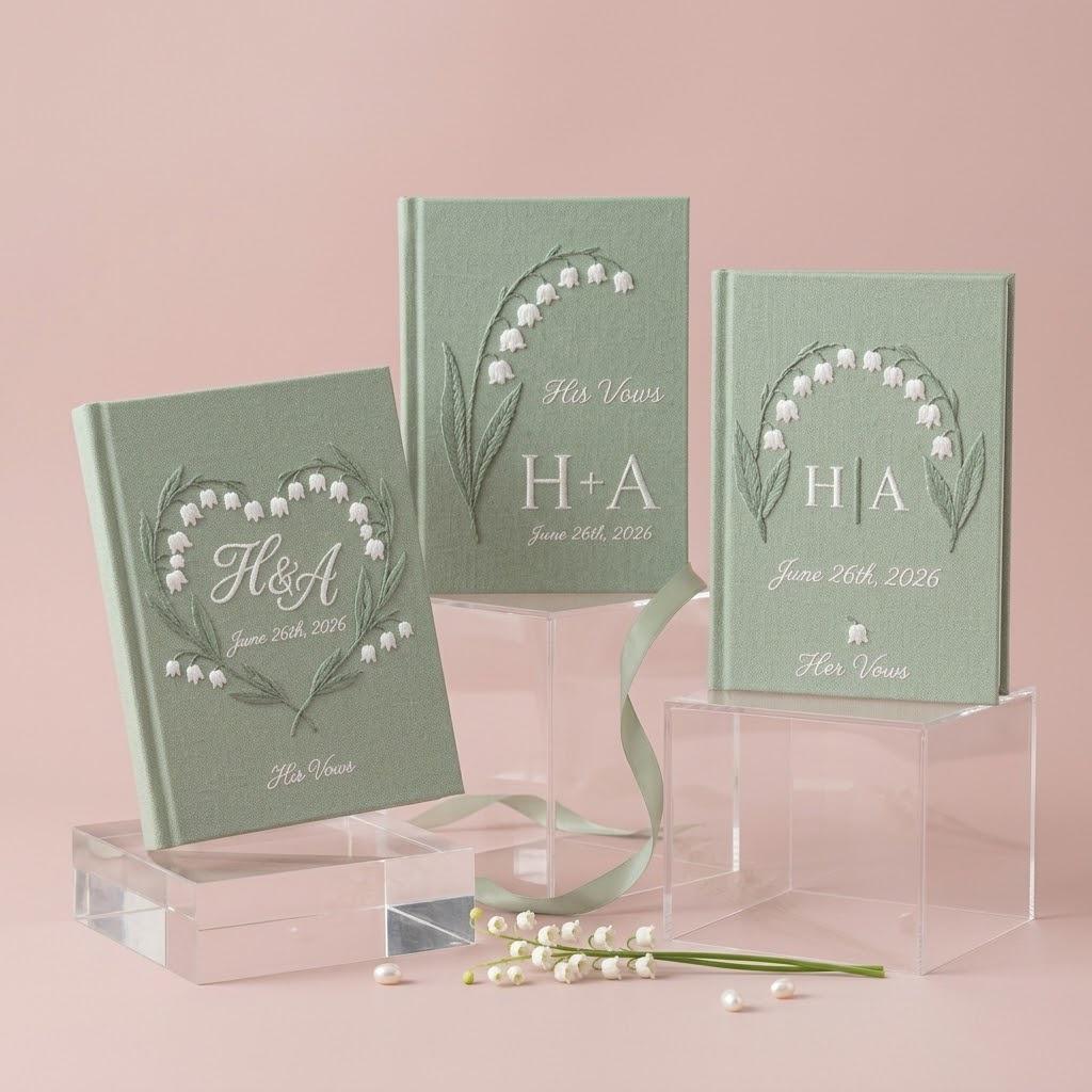 Custom Handmade Embroidered Lily Of The Valley Vow Books With Initial Name – Floral His And Her Journals Wedding Gift For Bride And Groom - photo 14