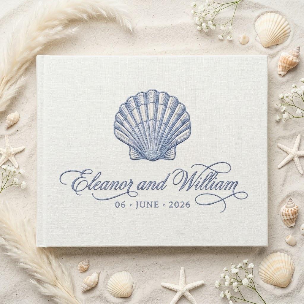 Embroidered Sea Theme Wedding Guest Book with Linen Style, Wedding Keepsake Gift for Couples and Polaroid Photo Album