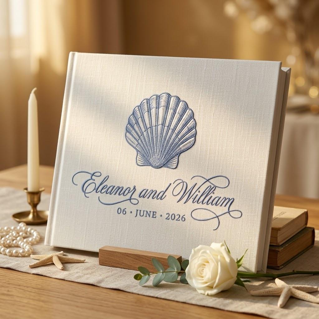 Embroidered Sea Theme Wedding Guest Book with Linen Style, Wedding Keepsake Gift for Couples and Polaroid Photo Album - photo 2