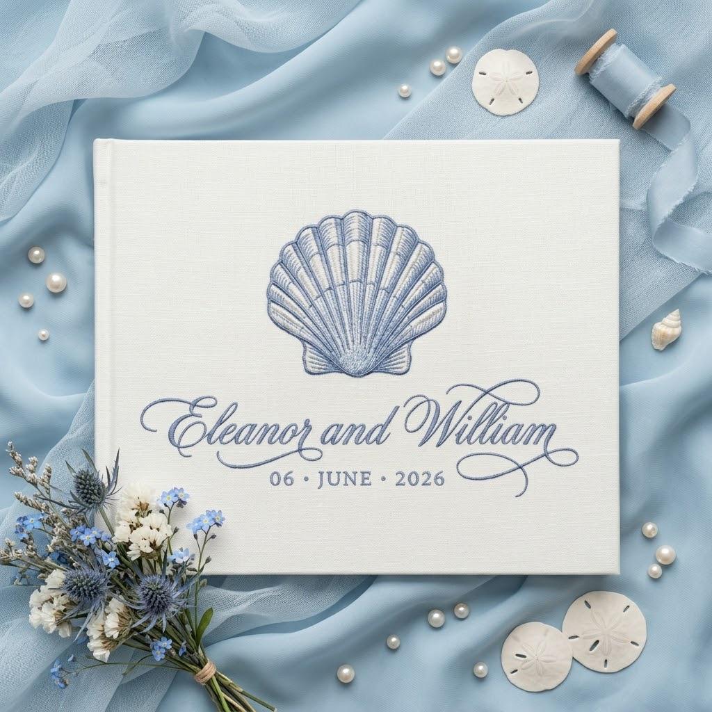 Embroidered Sea Theme Wedding Guest Book with Linen Style, Wedding Keepsake Gift for Couples and Polaroid Photo Album - photo 3