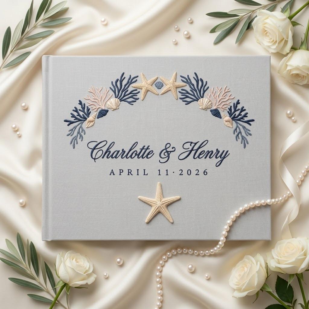 Embroidered Sea Theme Wedding Guest Book with Linen Style, Wedding Keepsake Gift for Couples and Polaroid Photo Album - photo 4