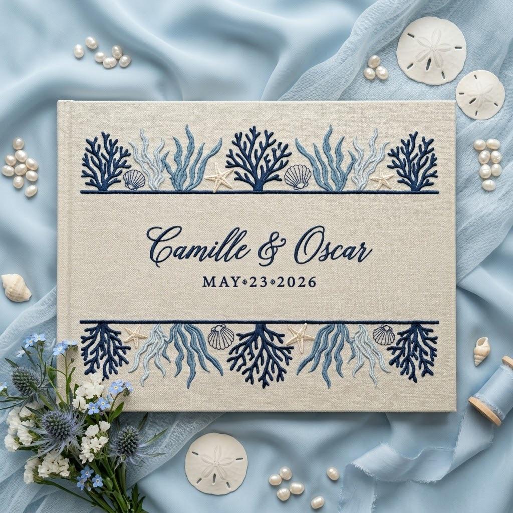 Embroidered Sea Theme Wedding Guest Book with Linen Style, Wedding Keepsake Gift for Couples and Polaroid Photo Album - photo 5