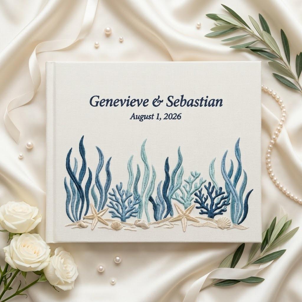 Embroidered Sea Theme Wedding Guest Book with Linen Style, Wedding Keepsake Gift for Couples and Polaroid Photo Album - photo 6
