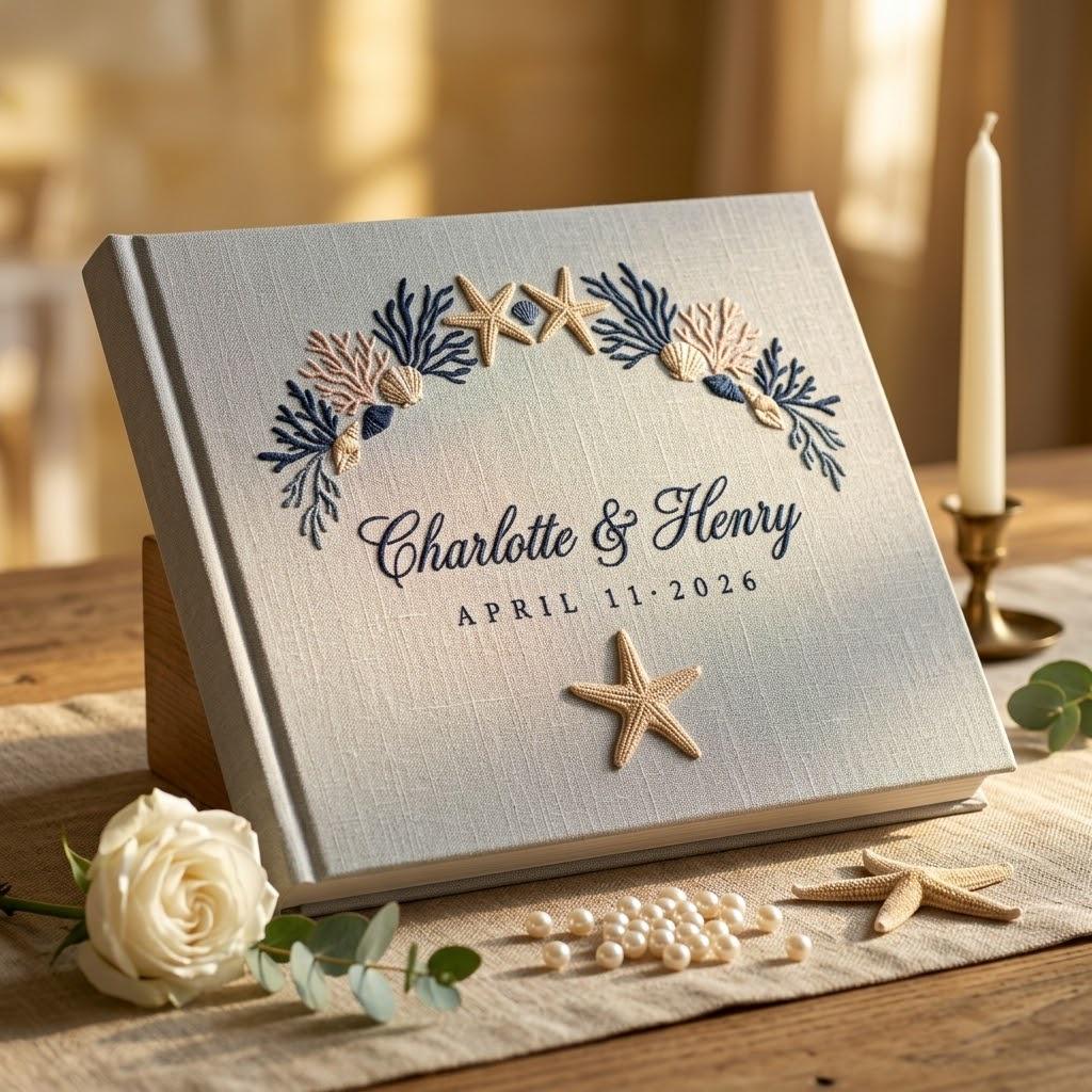 Embroidered Sea Theme Wedding Guest Book with Linen Style, Wedding Keepsake Gift for Couples and Polaroid Photo Album - photo 13