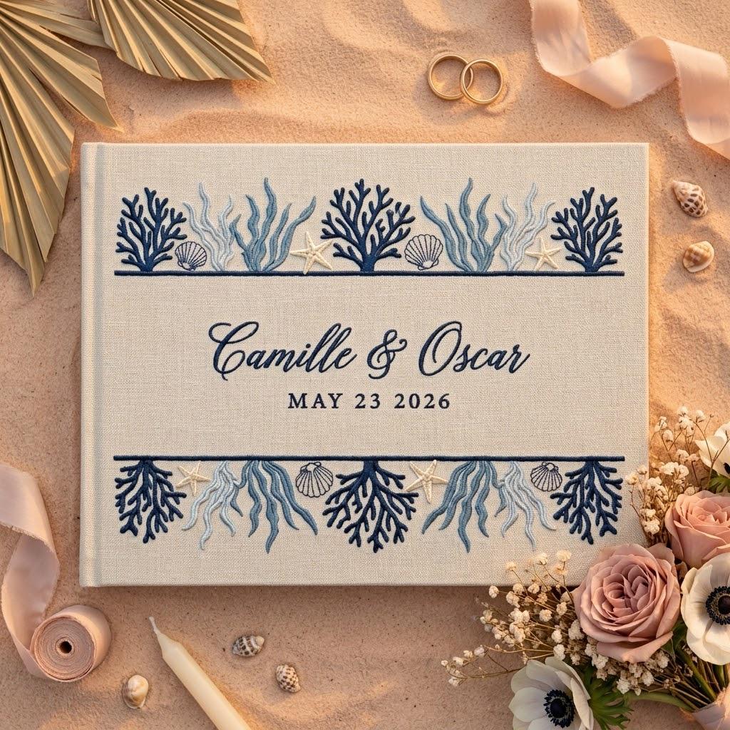 Embroidered Sea Theme Wedding Guest Book with Linen Style, Wedding Keepsake Gift for Couples and Polaroid Photo Album - photo 15