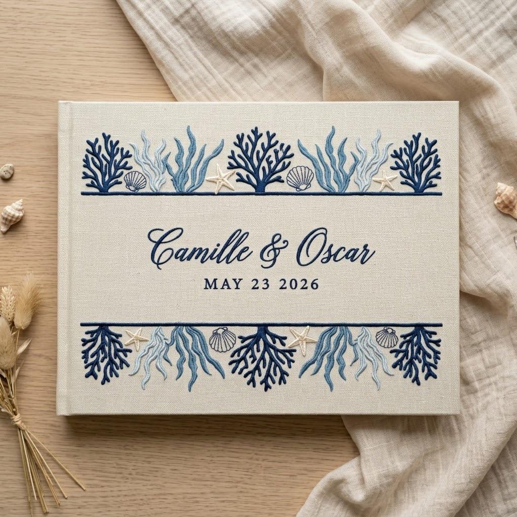 Embroidered Sea Theme Wedding Guest Book with Linen Style, Wedding Keepsake Gift for Couples and Polaroid Photo Album - photo 16