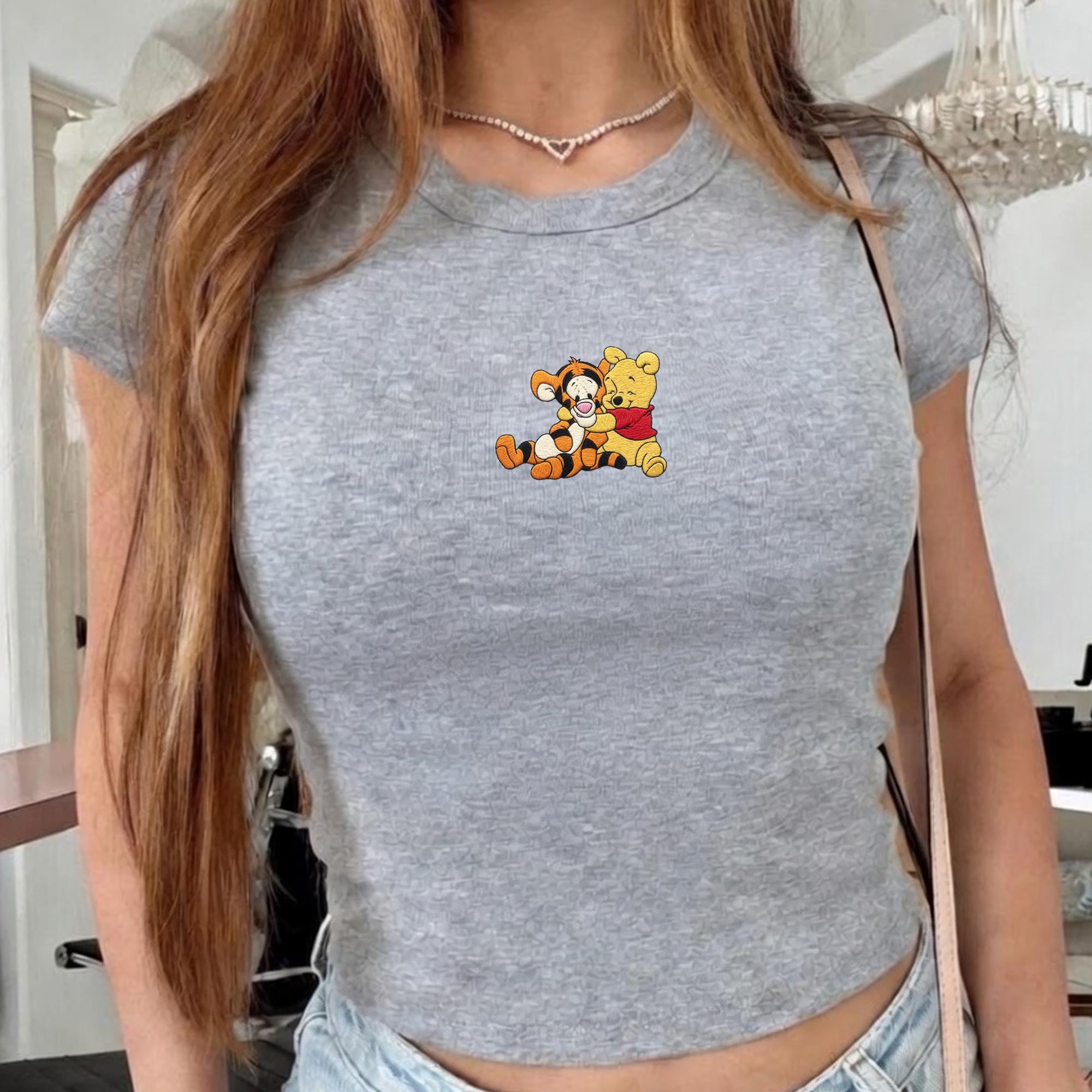 Embroidered Winnie Pooh Tigger Baby Tee with Retro Cartoon, Gift for Disney Fans Vacation and Cute Fitted Disney Shirt