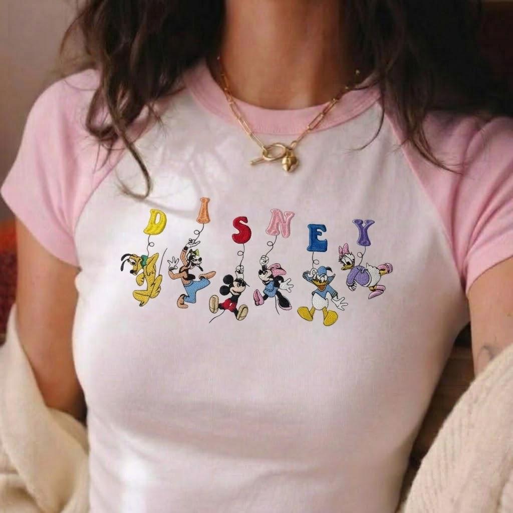 Embroidered Disney Characters Raglan Baby Tee with Mickey Minnie Donald Daisy Goofy and Pluto – Cute Cartoon Outfit Top - photo 2