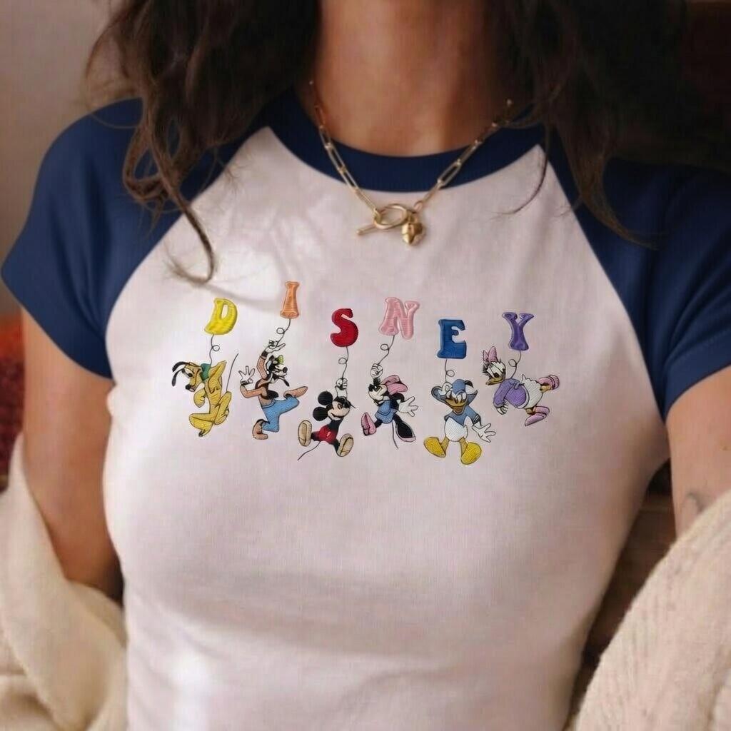 Embroidered Disney Characters Raglan Baby Tee with Mickey Minnie Donald Daisy Goofy and Pluto – Cute Cartoon Outfit Top - photo 3