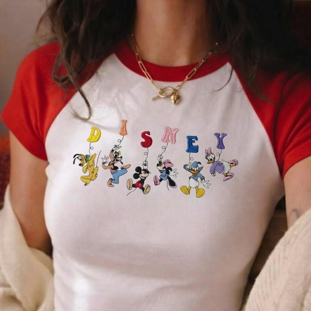 Embroidered Disney Characters Raglan Baby Tee with Mickey Minnie Donald Daisy Goofy and Pluto – Cute Cartoon Outfit Top - photo 4