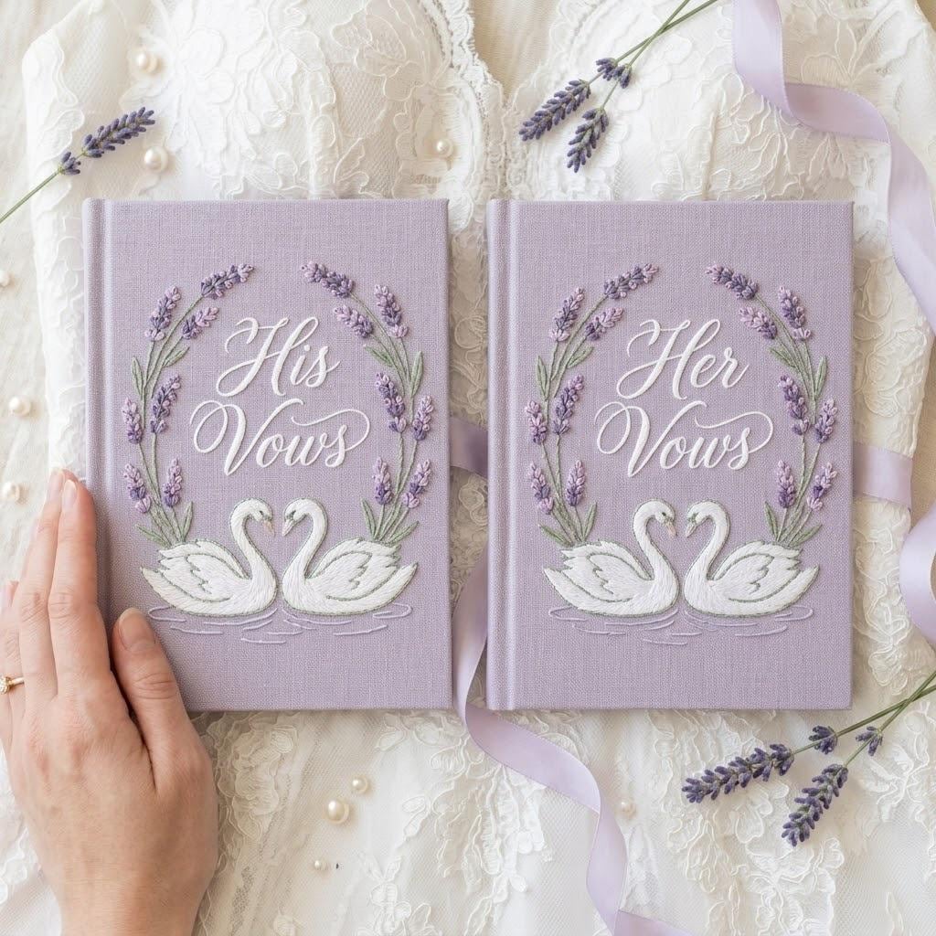 Handmade Embroidered Lavender Wedding Vow Books with Custom Floral His and Her Books for Bride and Groom Gift for Couples