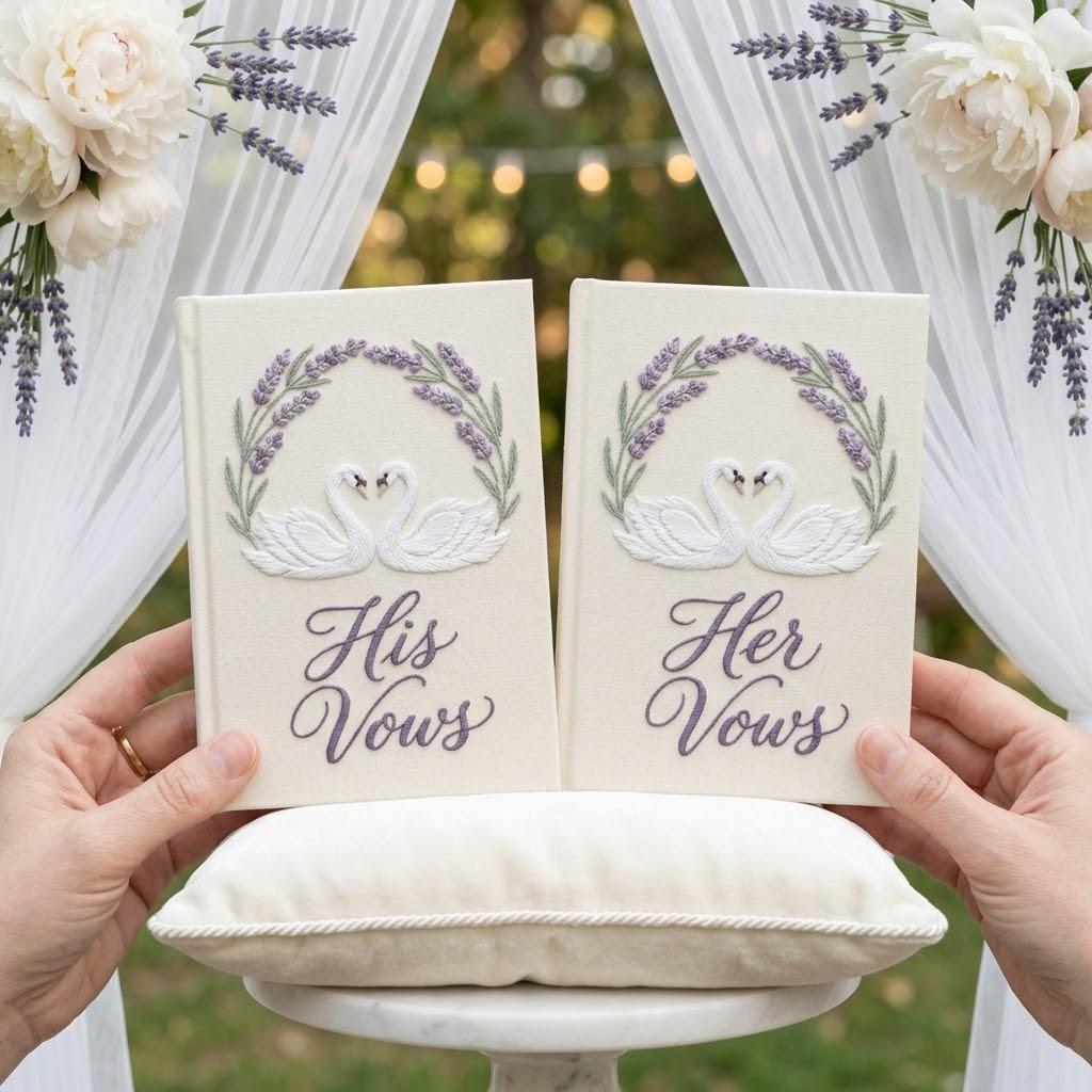 Handmade Embroidered Lavender Wedding Vow Books with Custom Floral His and Her Books for Bride and Groom Gift for Couples - photo 2