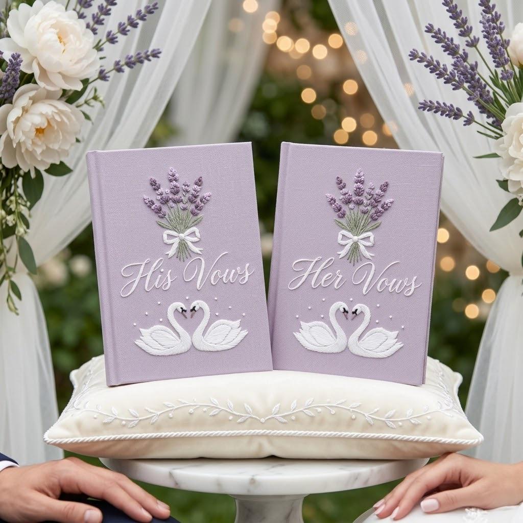 Handmade Embroidered Lavender Wedding Vow Books with Custom Floral His and Her Books for Bride and Groom Gift for Couples - photo 13
