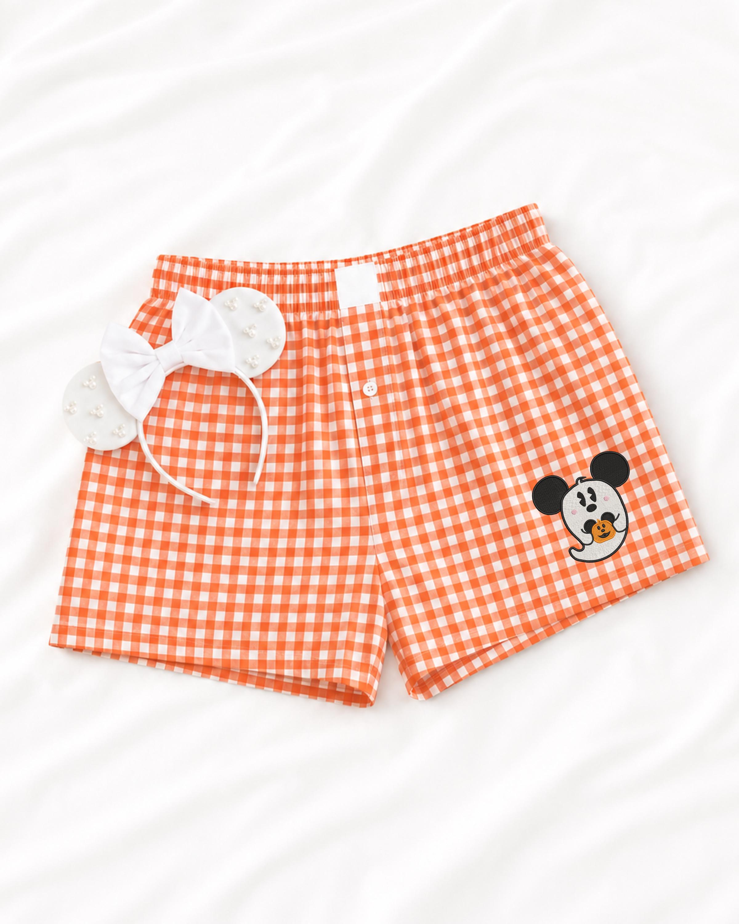 Adorable Disney Inspired Halloween Ghost Mouse Embroidered Gingham Shorts for Spooky Season Park Day Outfits