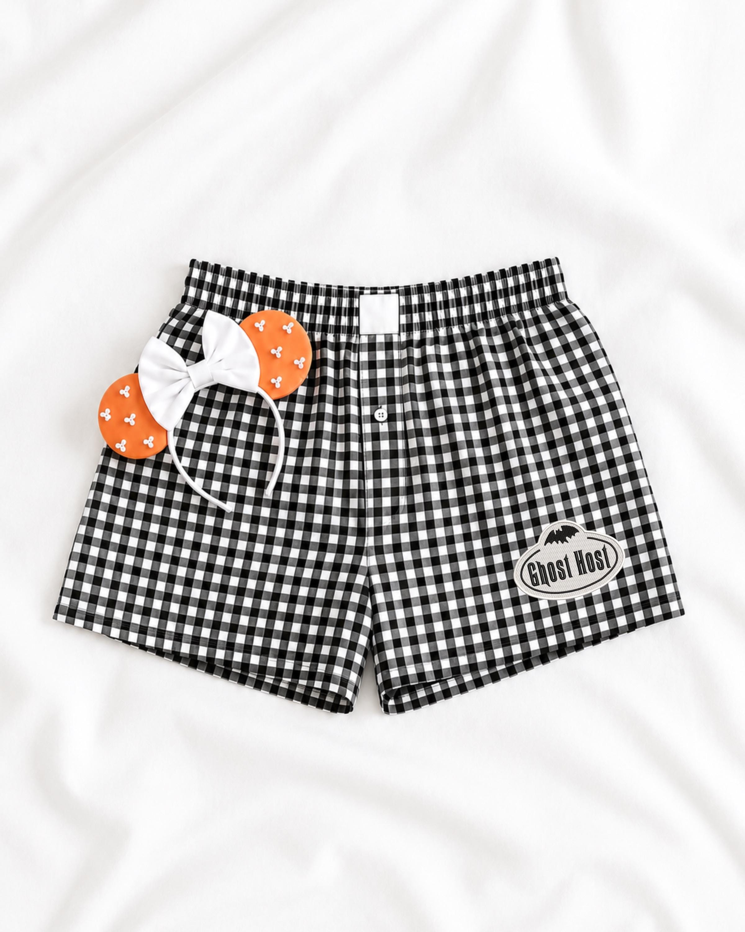 Adorable Disney Inspired Ghost Host Halloween Embroidered Gingham Shorts for Spooky Season Park Day Outfits
