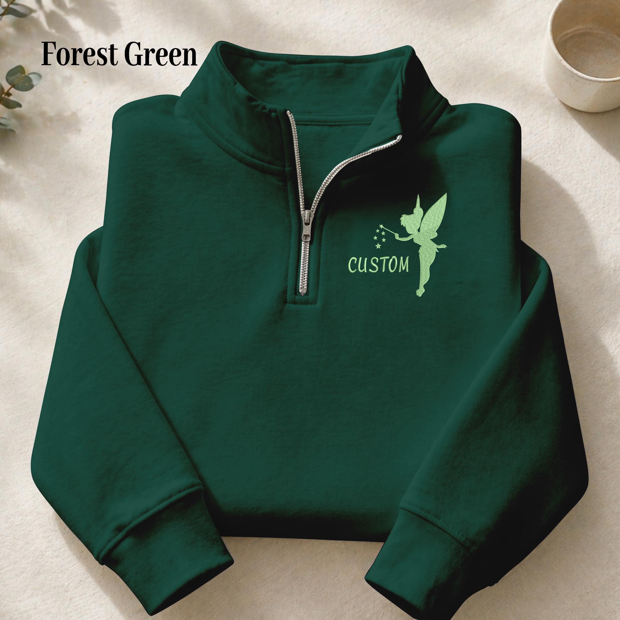 Personalized Tinker Bell Embroidered Quarter Zip Sweatshirt with Custom Name – Cute Magical Disney Fairy Pullover Sweater