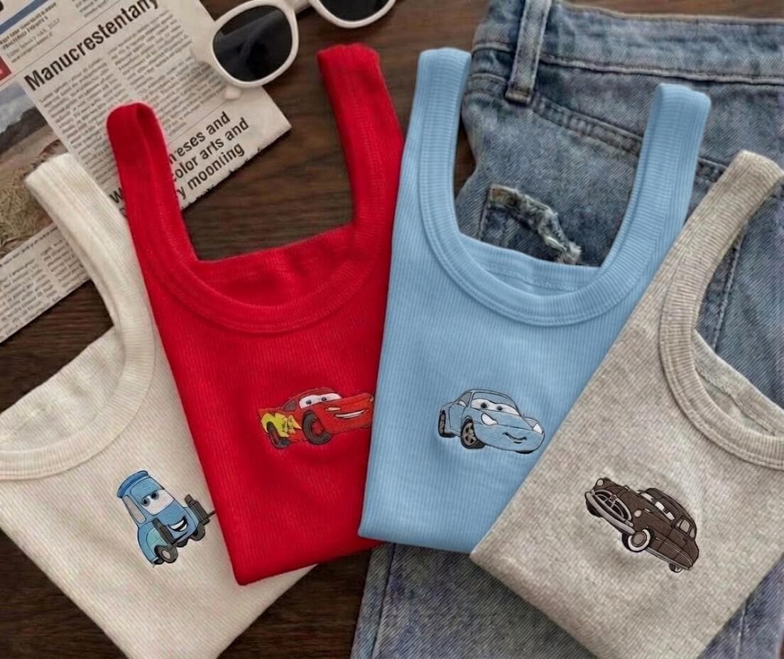 Custom Embroidered Disney Cars Tank Top with Lightning McQueen Mater and Sally – Cute Pixar Outfit Shirt Top