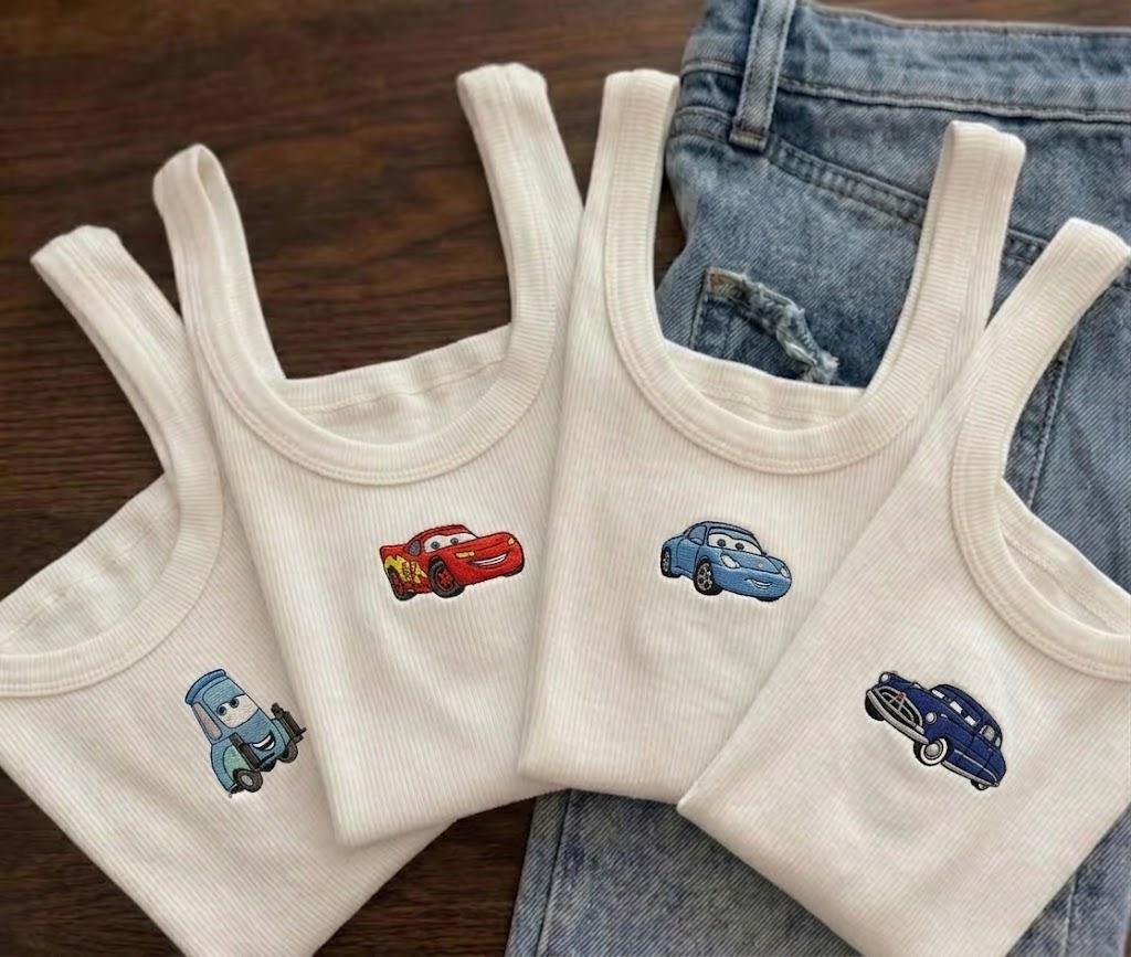 Custom Embroidered Disney Cars Tank Top with Lightning McQueen Mater and Sally – Cute Pixar Outfit Shirt Top - photo 2