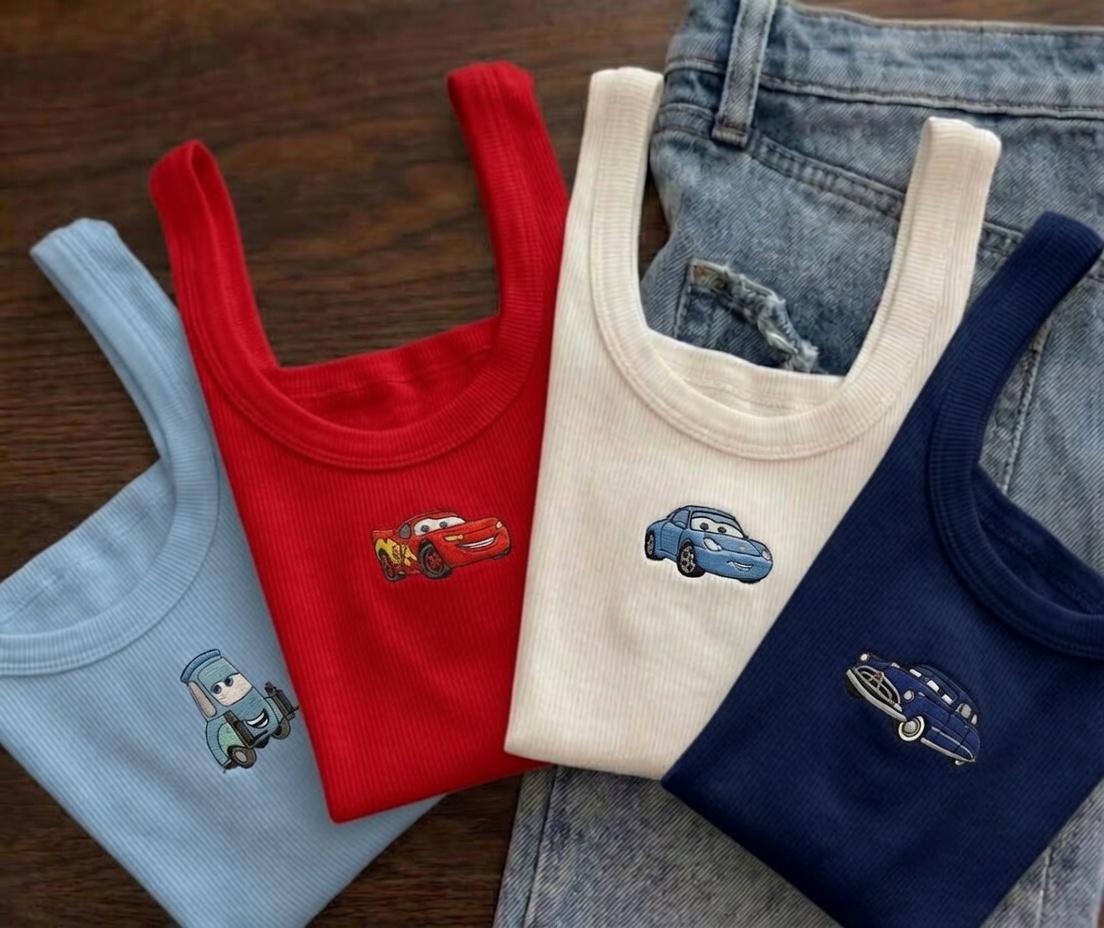 Custom Embroidered Disney Cars Tank Top with Lightning McQueen Mater and Sally – Cute Pixar Outfit Shirt Top - photo 3
