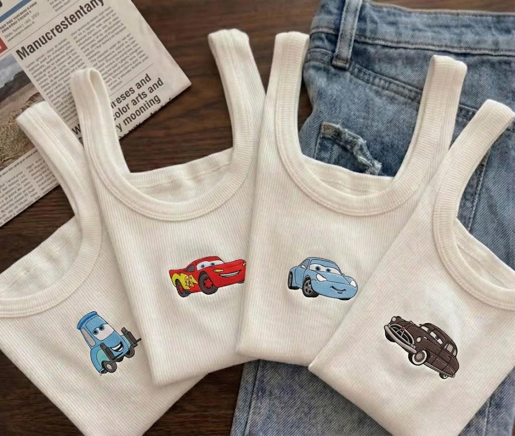 Custom Embroidered Disney Cars Tank Top with Lightning McQueen Mater and Sally – Cute Pixar Outfit Shirt Top - photo 4