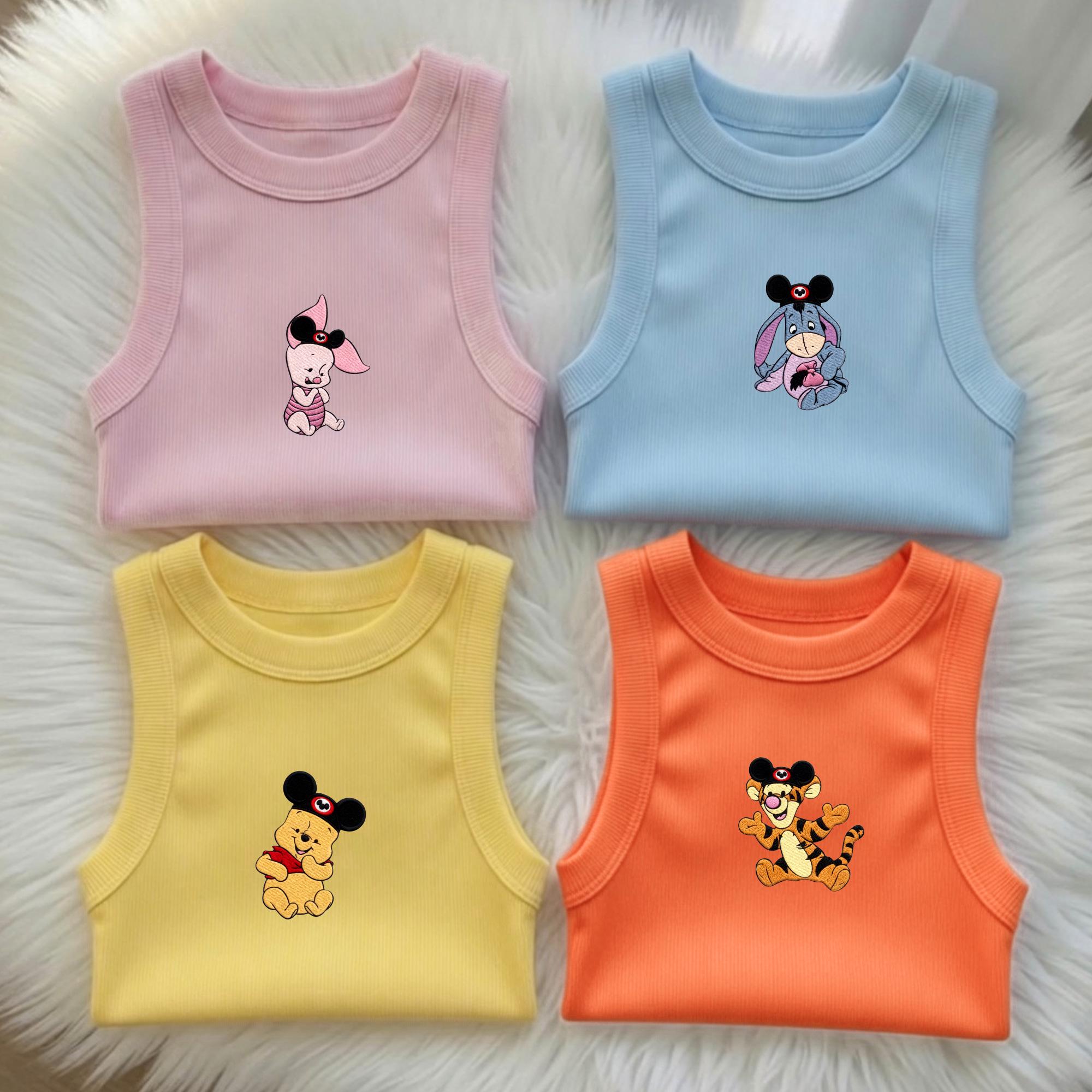 Embroidered Disney Winnie The Pooh Tank Top with Pooh Tigger Eeyore Piglet Watercolor Baby Tee for Disney Group Matching Outfit Tee