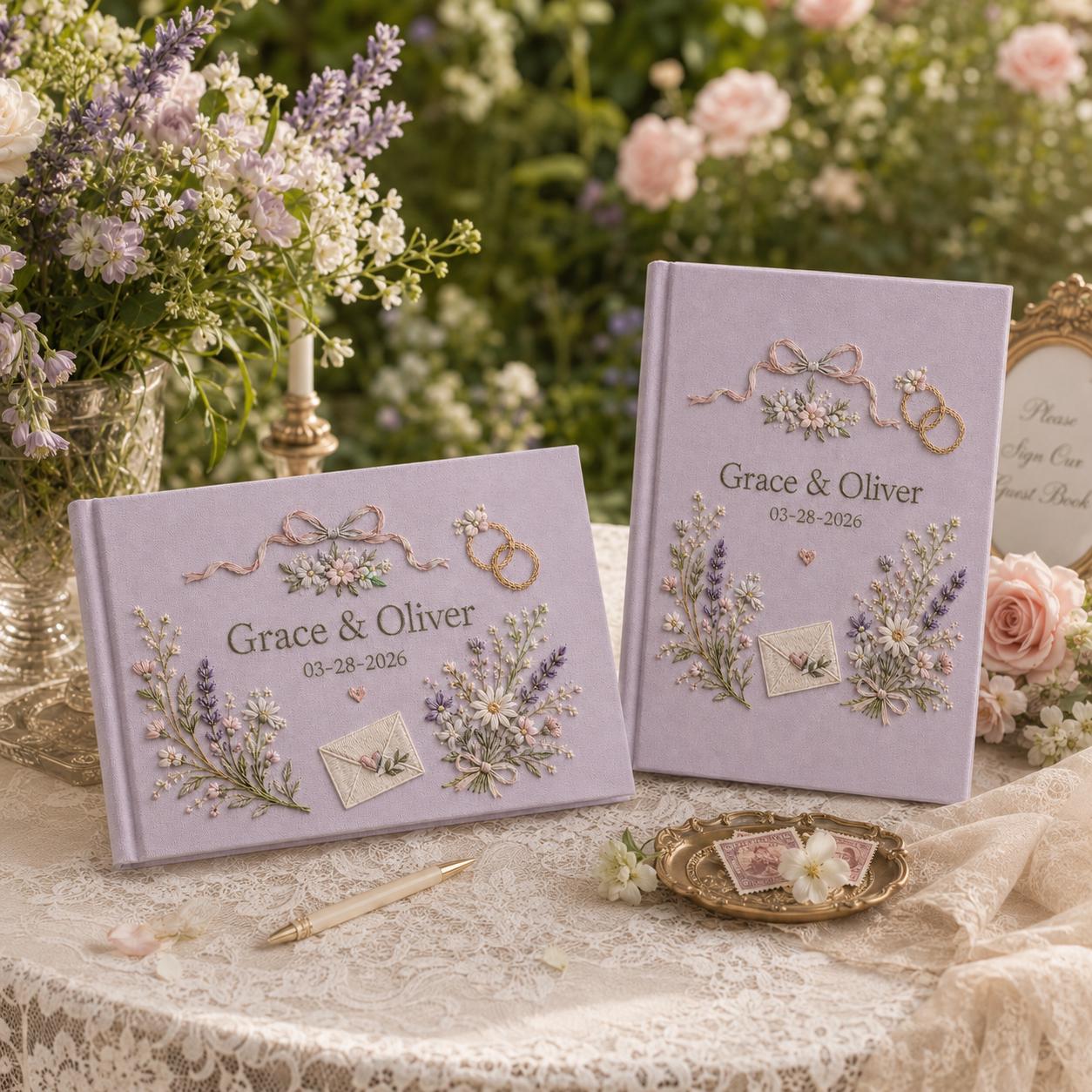 Custom Name Embroidered Wedding Guestbook with Personalized Linen Photo Album for Romantic Bridal Shower Keepsake
