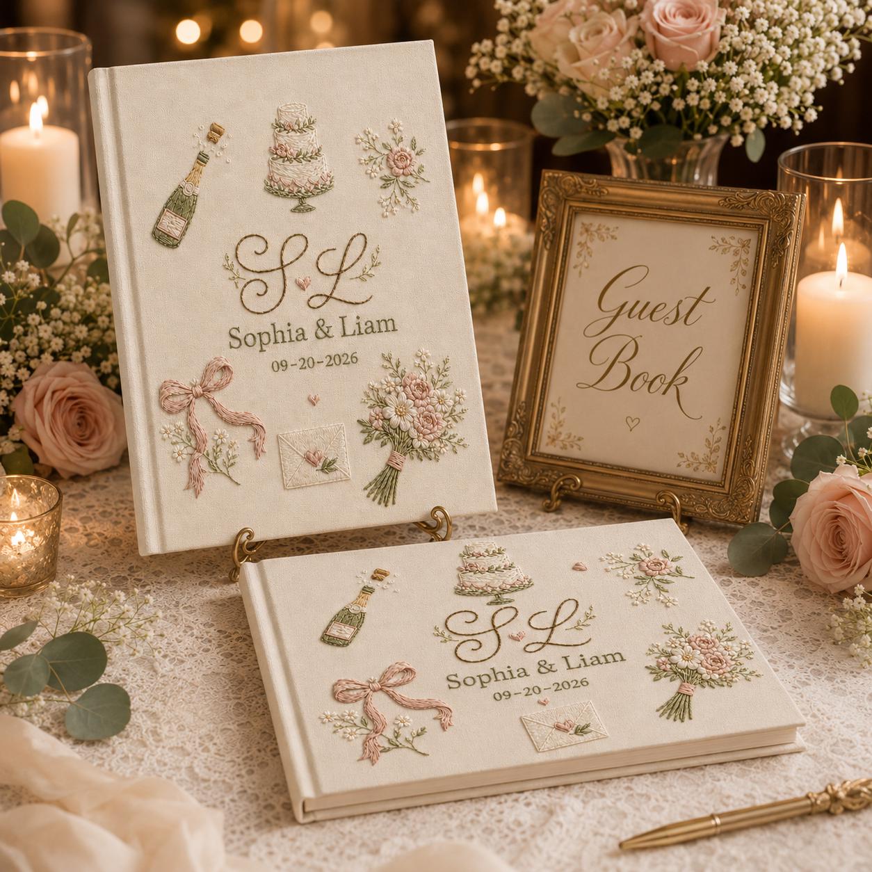 Custom Name Embroidered Wedding Guestbook with Personalized Linen Photo Album for Romantic Bridal Shower Keepsake - photo 4