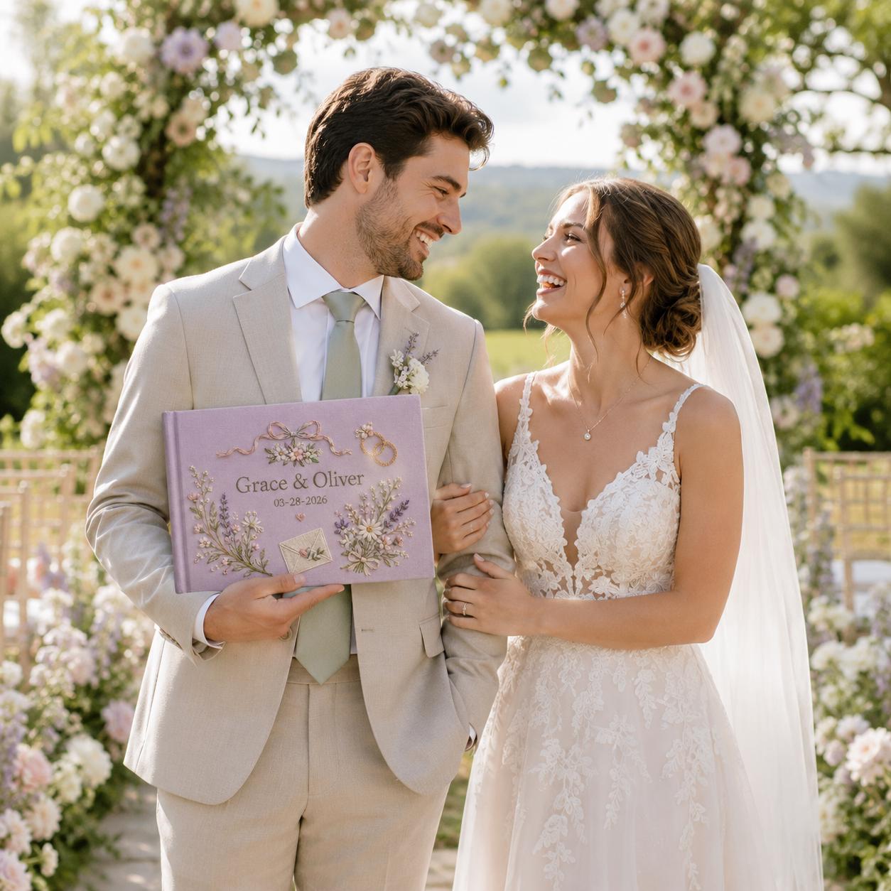 Custom Name Embroidered Wedding Guestbook with Personalized Linen Photo Album for Romantic Bridal Shower Keepsake - photo 11