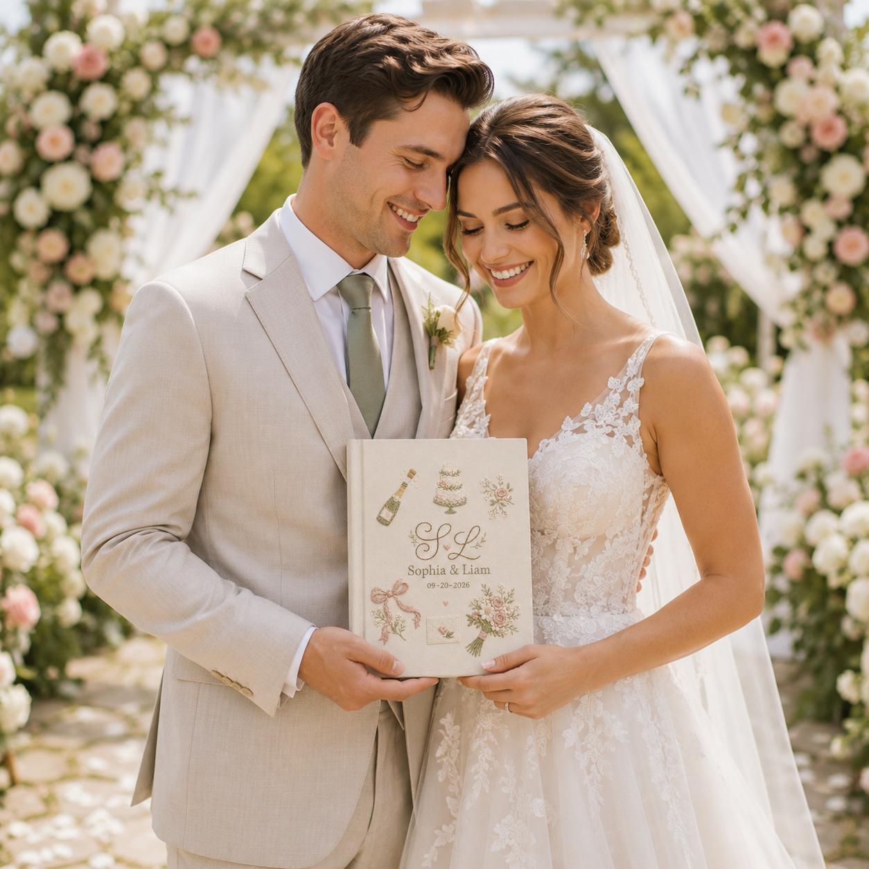 Custom Name Embroidered Wedding Guestbook with Personalized Linen Photo Album for Romantic Bridal Shower Keepsake - photo 13
