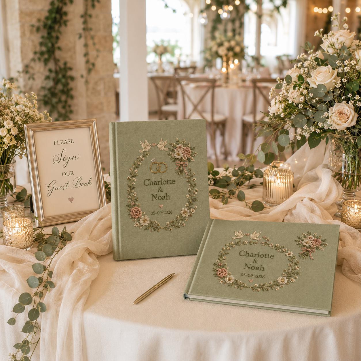 Custom Name Embroidered Wedding Guestbook with Personalized Linen Photo Album for Romantic Bridal Shower Keepsake - photo 14