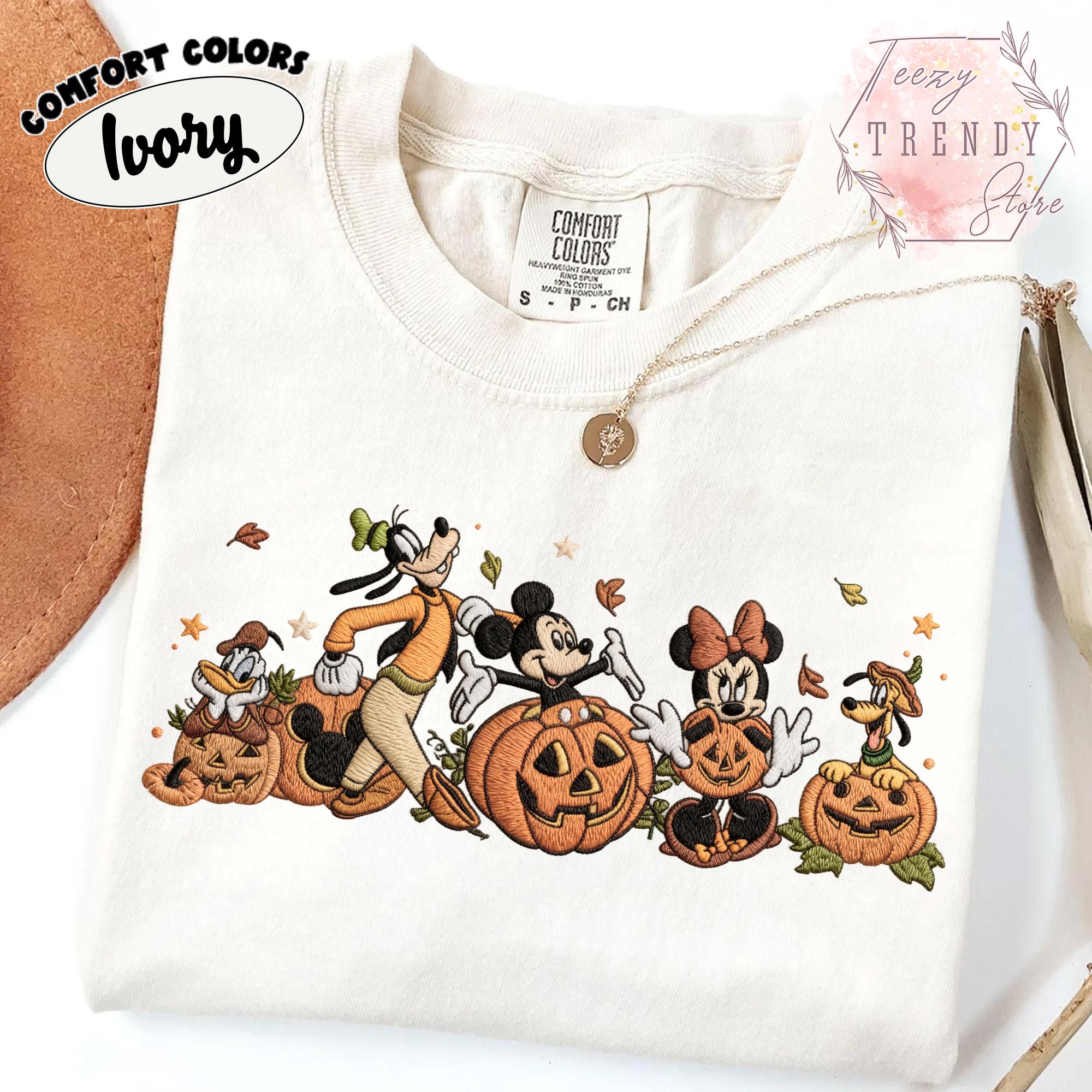 Embroidered Comfort Colors Mickey and Friends Autumn Pumpkin Shirt – Fall Vibes Disney Halloween Trip Tee