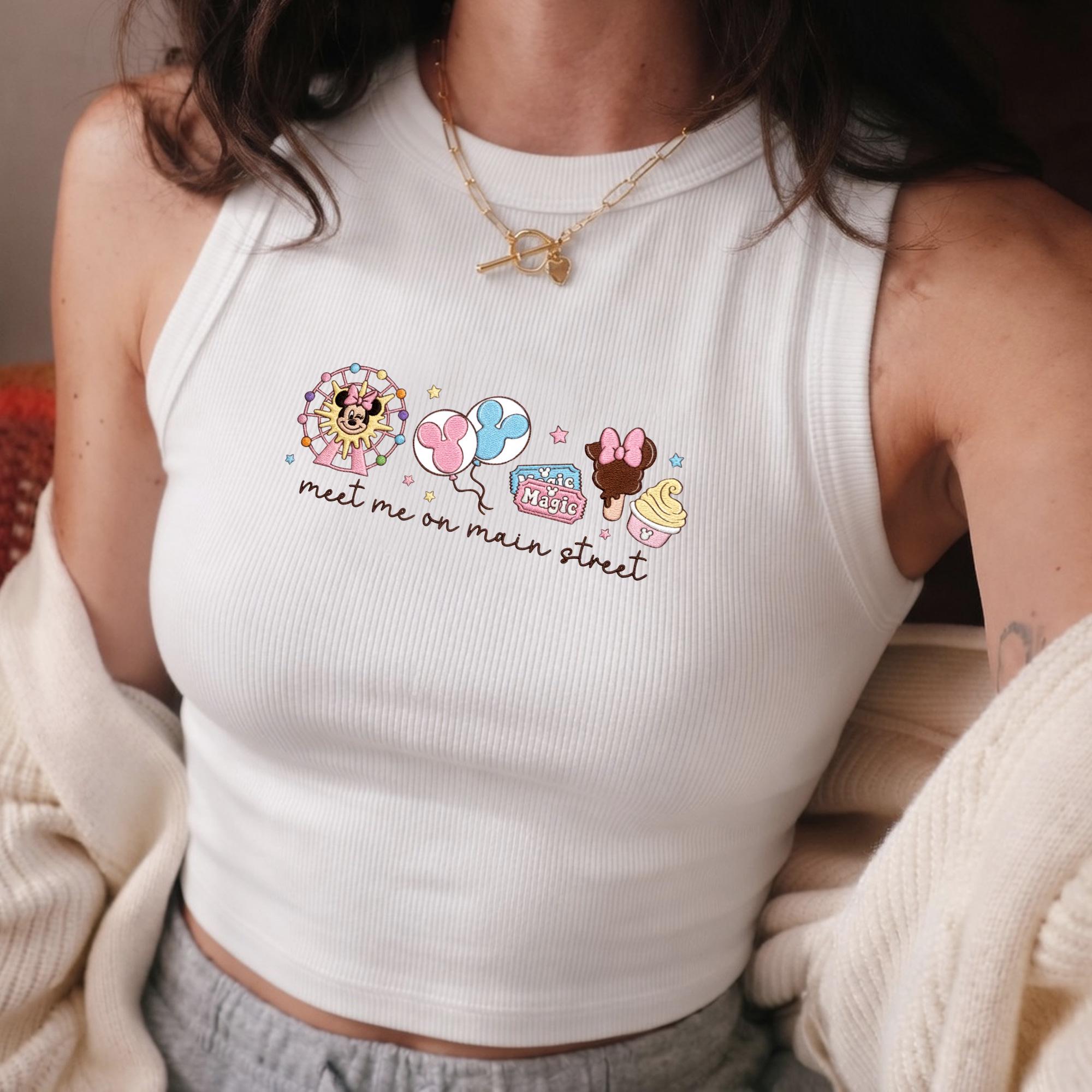 Embroidered Meet Me on Main Street Tank Top with Magic Kingdom Crop Tee and Disneyland Vacation Outfit for Disney World Girls Trip Baby Tee