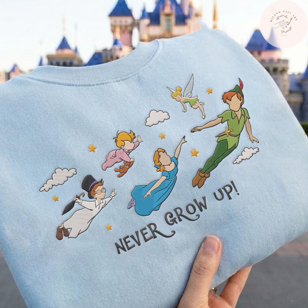 Embroidered Never Grow Up T Shirt Sweatshirt Hoodie with Disney Peter Pan Tinker Bell Wendy John Michael – Flight to Neverland WDW Trip Tee