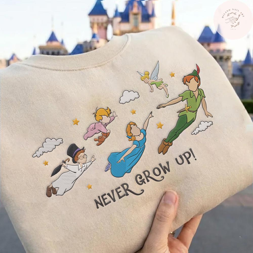 Embroidered Never Grow Up T Shirt Sweatshirt Hoodie with Disney Peter Pan Tinker Bell Wendy John Michael – Flight to Neverland WDW Trip Tee - photo 2