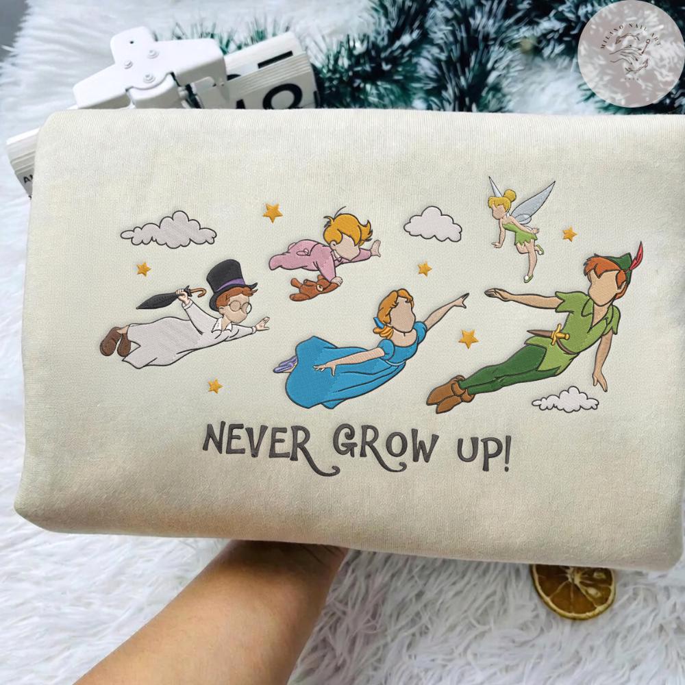Embroidered Never Grow Up T Shirt Sweatshirt Hoodie with Disney Peter Pan Tinker Bell Wendy John Michael – Flight to Neverland WDW Trip Tee - photo 3