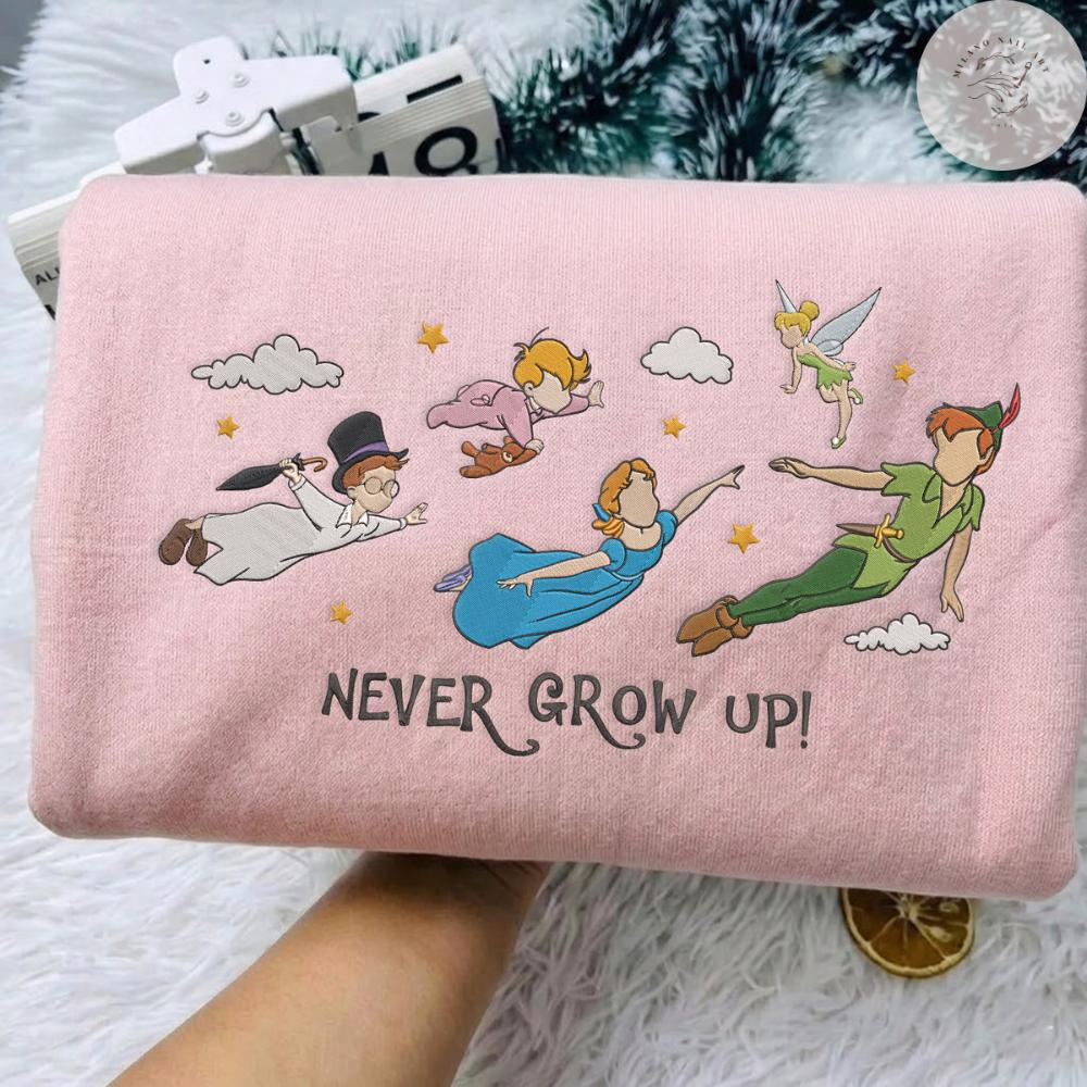 Embroidered Never Grow Up T Shirt Sweatshirt Hoodie with Disney Peter Pan Tinker Bell Wendy John Michael – Flight to Neverland WDW Trip Tee - photo 4