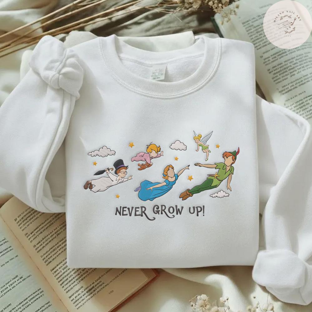 Embroidered Never Grow Up T Shirt Sweatshirt Hoodie with Disney Peter Pan Tinker Bell Wendy John Michael – Flight to Neverland WDW Trip Tee - photo 5