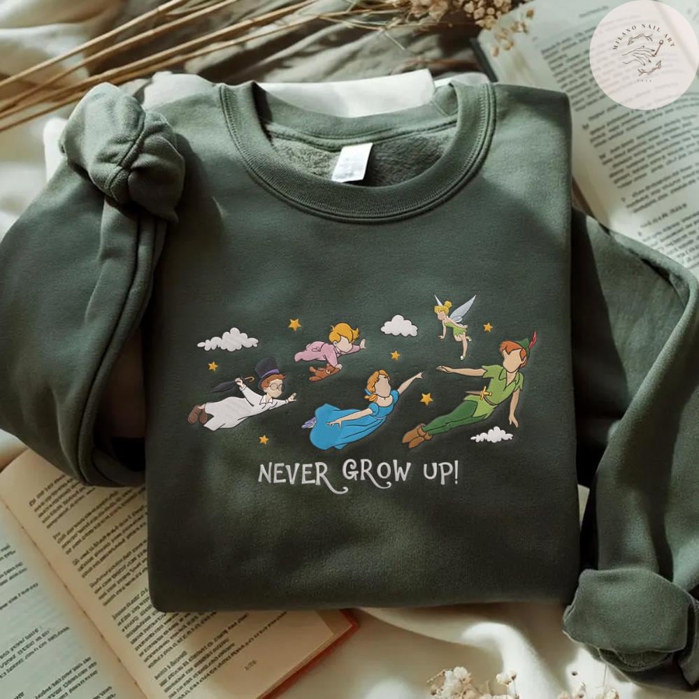 Embroidered Never Grow Up T Shirt Sweatshirt Hoodie with Disney Peter Pan Tinker Bell Wendy John Michael – Flight to Neverland WDW Trip Tee - photo 6