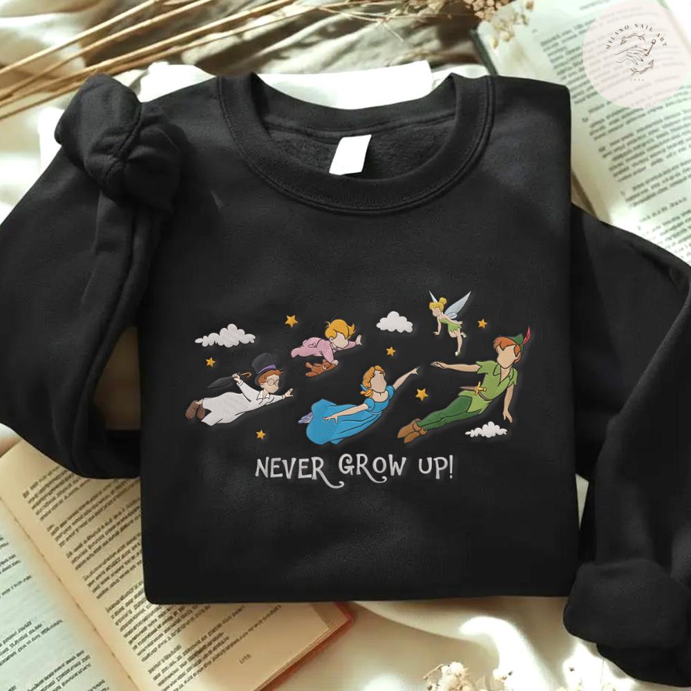 Embroidered Never Grow Up T Shirt Sweatshirt Hoodie with Disney Peter Pan Tinker Bell Wendy John Michael – Flight to Neverland WDW Trip Tee - photo 7