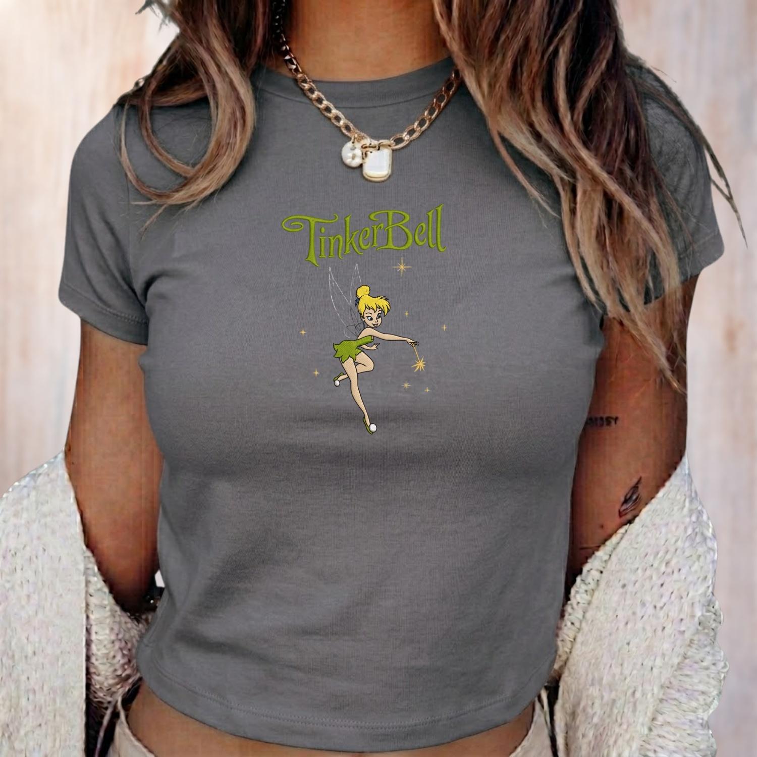 Vintage Disney Peter Pan and Tinker Bell Embroidered Baby Tee – Retro Y2K Princess Shirt with Fairy Style Top - photo 3