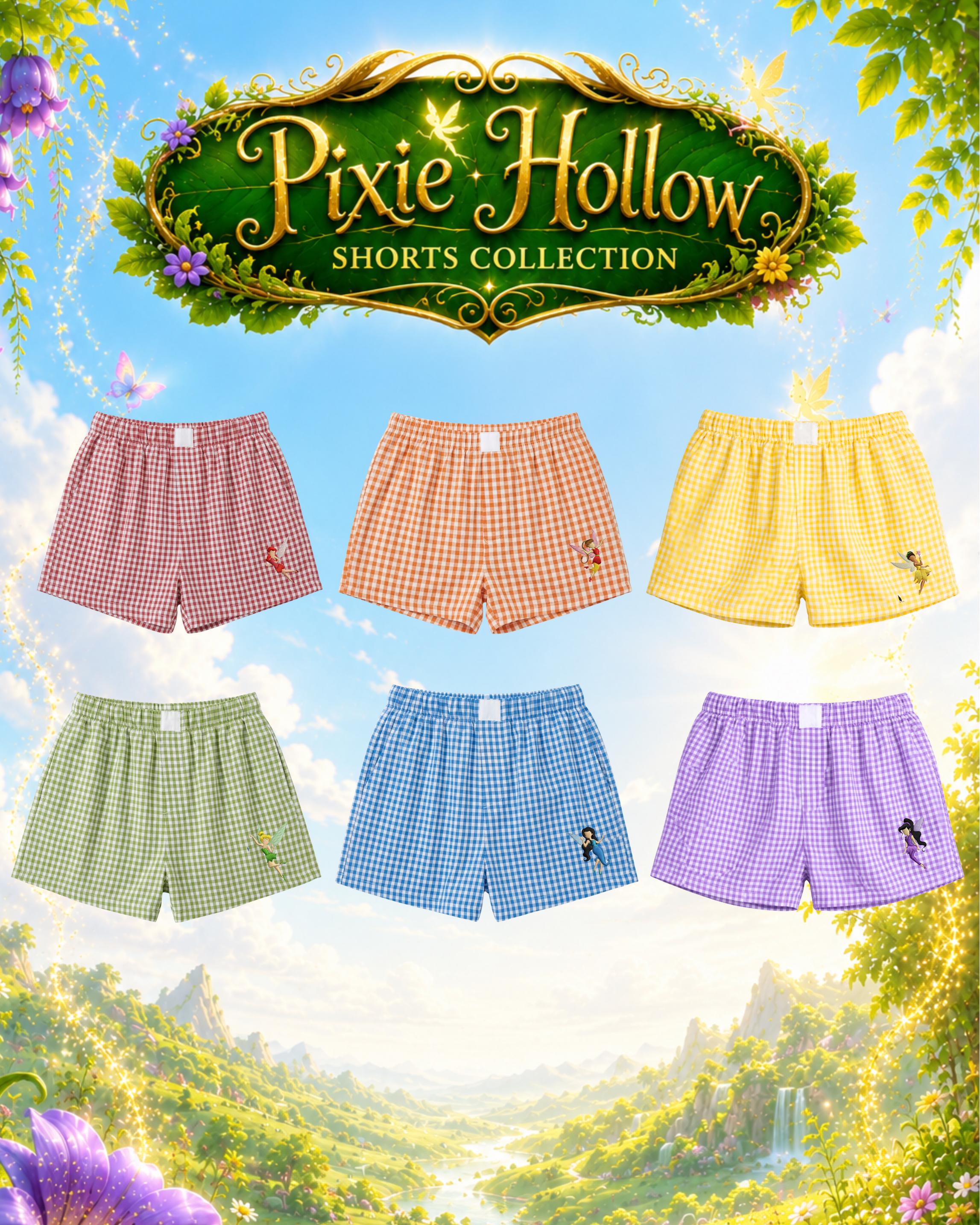 Disney Pixie Hollow Inspired Embroidered Gingham Shorts – Fairy Themed Collection for Park Days and Summer Outfits